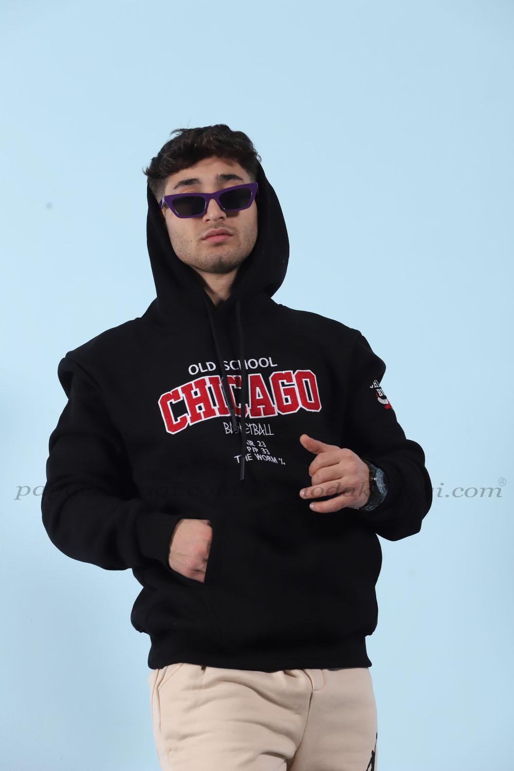 Chicago Old School Kapşonlu Sweatshirt 3 İplik  Siyah