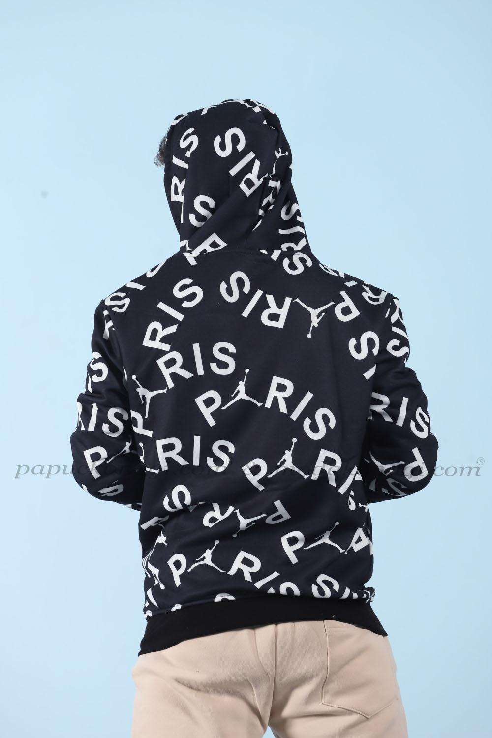 Paris Kapşonlu Sweatshirt Dijital 3 İplik  Siyah