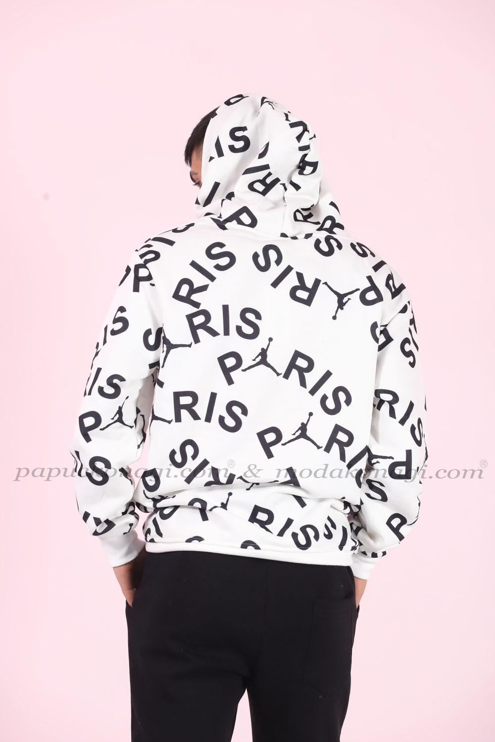 Paris Kapşonlu Sweatshirt Dijital 3 İplik  Beyaz